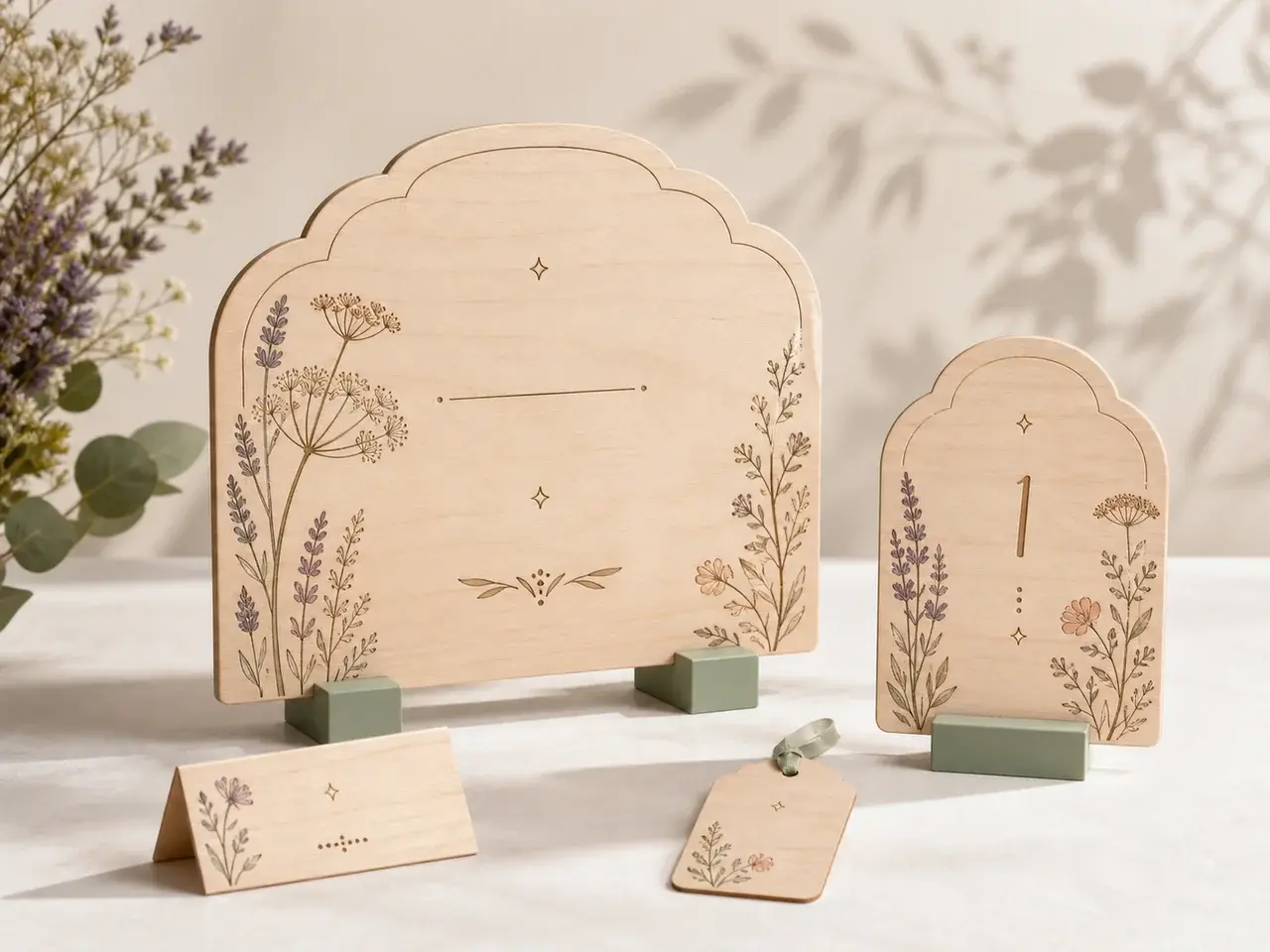 Progetto rappresentativo Wedding Sign Botanico UnicaEC con welcome sign, numero tavolo, segnaposto e tag